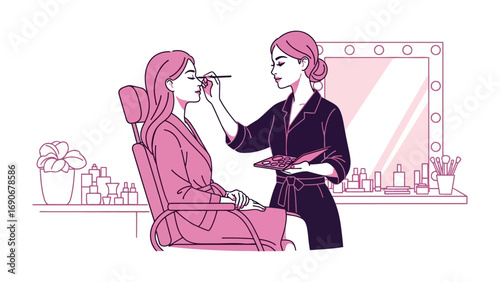 Professional makeup artist applying cosmetic makeup to a woman sitting in a chair in a beauty salon with a mirror in the background