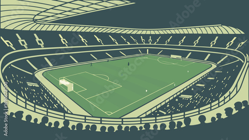 Stadium Illustration Overhead View of Soccer Field Crowd in Stands Sports Graphic Vector Art.