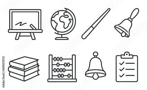 Education icons: chalkboard, globe, books, abacus, bell, checklist