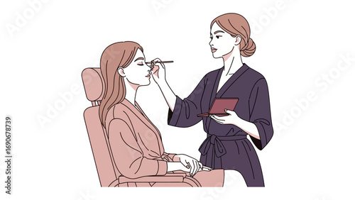 Professional makeup artist applying cosmetic products to a client sitting in a chair with a brush and palette