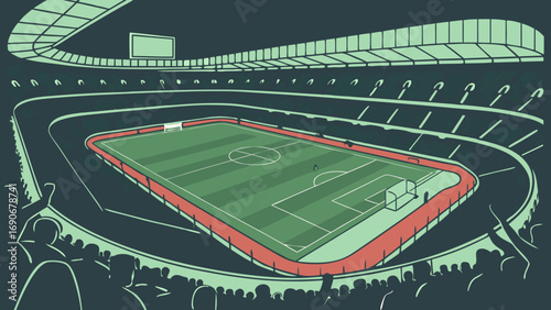 Stadium Illustration Soccer Field Spectators Green Field Sports Event Game Day Crowd Silhouette Arena Design Vector Illustration Graphic Design Competition Championship Tournament Sports Background A.
