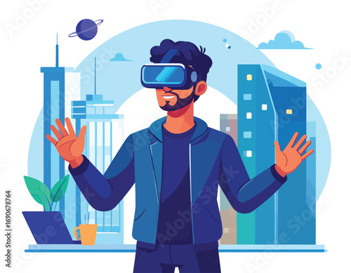 Man wearing virtual reality headset exploring futuristic city.