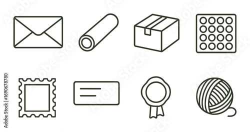Minimalist icons set: envelope, scroll, box, bubble wrap, stamp, label, award, yarn