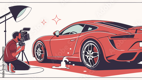 Studio Photography of a Red Sports Car Videographer and Lighting Equipment.