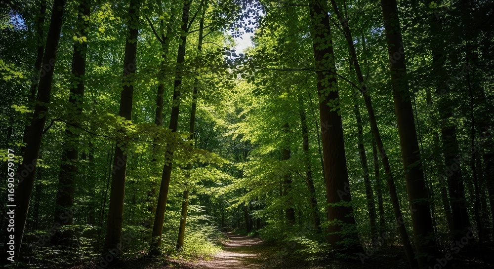 Obraz premium Sunlit Forest Path. Ai generation