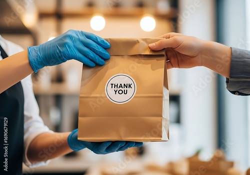 Delivery person in gloves hands over a thank you paper bag