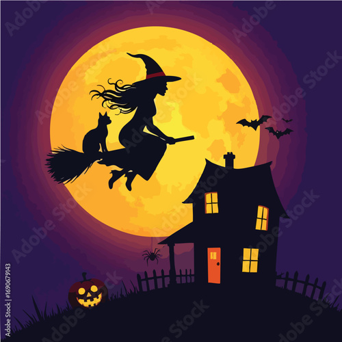 Halloween pumpkins and dark castle on full Moon background,Happy Halloween message design illustration.
