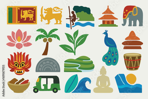 Sri Lanka Cultural Icons Vector Set Traditional Heritage Symbols Illustration