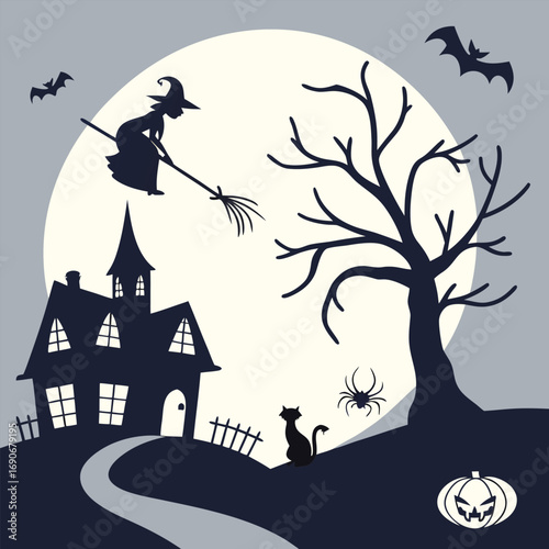 Halloween pumpkins and dark castle on full Moon background,Happy Halloween message design illustration.