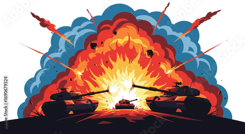Vector art of tanks firing amid massive explosions and smoke clouds, symbolizing the destruction and chaos of war, delivering a strong anti-war and peace campaign message