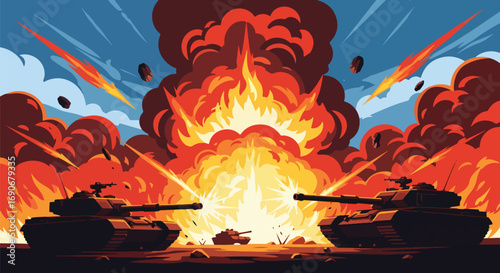 Vector art of tanks firing amid massive explosions and smoke clouds, symbolizing the destruction and chaos of war, delivering a strong anti-war and peace campaign message