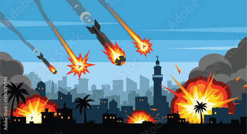 Vector art of bombs falling on a city with explosions, smoke, and destruction, symbolizing the horror of war and promoting a strong anti-war and peace campaign message