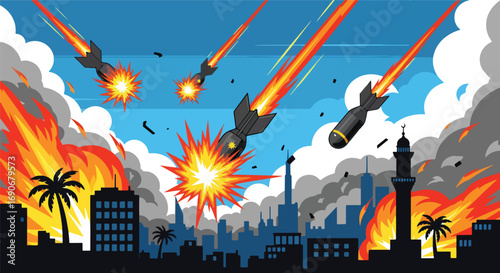 Vector art of bombs falling on a city with explosions, smoke, and destruction, symbolizing the horror of war and promoting a strong anti-war and peace campaign message