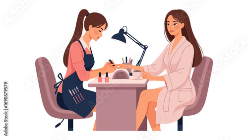 Young woman receiving a professional manicure from a beautician at a nail salon table with lamp and polishes