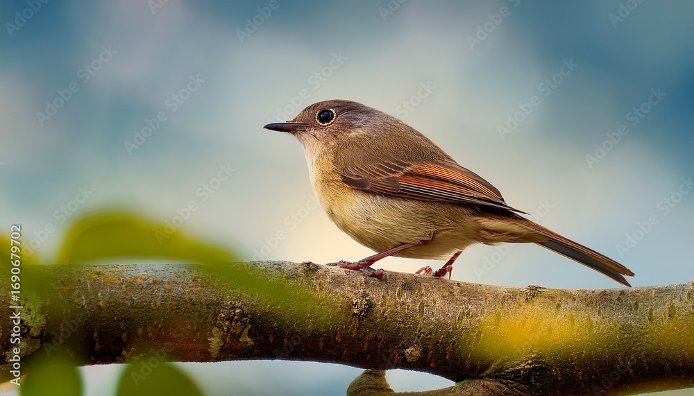 Fototapeta premium a small bird is seen sitting on top of a tree branch possibly taking a break or surveying its surroundings
