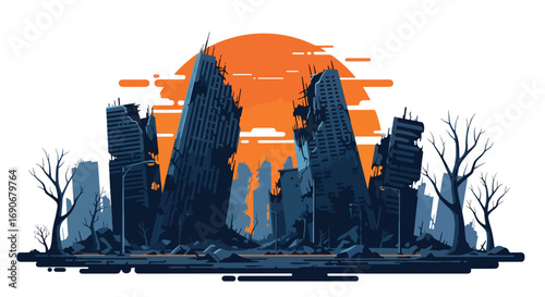 Vector art of a post-apocalyptic city with collapsed skyscrapers and barren trees at sunset, symbolizing the devastation of war and carrying a strong anti-war and peace awareness message