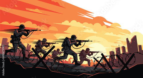 Vector art of soldiers advancing through barbed wire in a ruined city at sunset, symbolizing the destruction of war and highlighting a powerful anti-war and peace campaign message