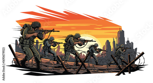 Vector art of soldiers advancing through barbed wire in a ruined city at sunset, symbolizing the destruction of war and highlighting a powerful anti-war and peace campaign message