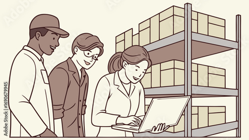 Team of workers using laptop in warehouse inventory management logistics teamwork business cooperation industry workplace employees professionals colleagues staff office technology computer digital d.