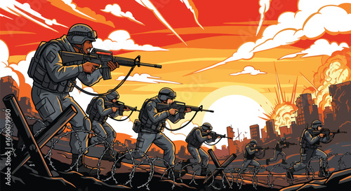 Vector art of soldiers advancing through barbed wire in a ruined city at sunset, symbolizing the destruction of war and highlighting a powerful anti-war and peace campaign message