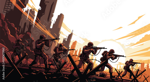 Vector art of soldiers advancing through barbed wire in a ruined city at sunset, symbolizing the destruction of war and highlighting a powerful anti-war and peace campaign message