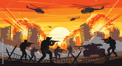 Vector art of soldiers and helicopters in a burning city battlefield at sunset, with explosions and ruins, symbolizing the devastation of war and promoting a strong stop war campaign message