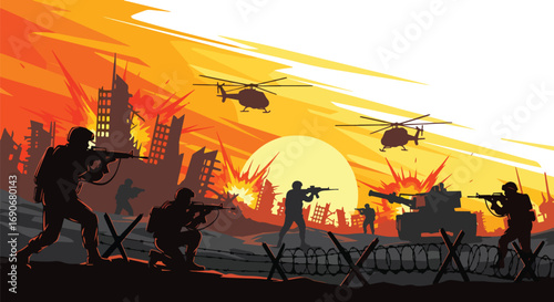 Vector art of soldiers and helicopters in a burning city battlefield at sunset, with explosions and ruins, symbolizing the devastation of war and promoting a strong stop war campaign message