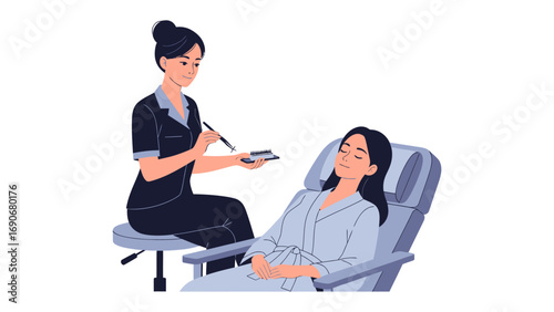 Professional aesthetician applying cosmetic treatment to a relaxed woman lying in a comfortable treatment chair