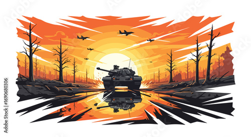 Vector art of a tank and fighter jets moving through a barren landscape at sunset, symbolizing the destruction of war and promoting an anti-war message with a dramatic scene