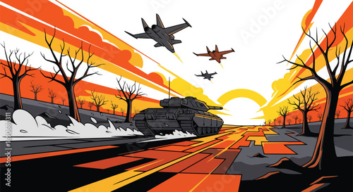 Vector art of a tank and fighter jets moving through a barren landscape at sunset, symbolizing the destruction of war and promoting an anti-war message with a dramatic scene