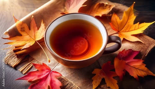 cup of hot tea served with autumn leaves on a table