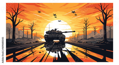 Vector art of a tank and fighter jets moving through a barren landscape at sunset, symbolizing the destruction of war and promoting an anti-war message with a dramatic scene