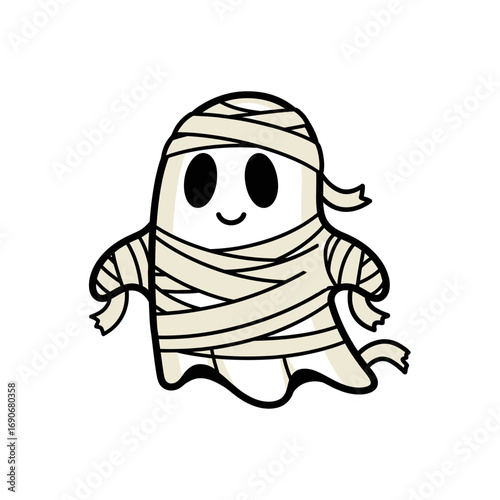 A cute and friendly ghost character dressed in a mummy costume for Halloween. This adorable phantom is wrapped in bandages, smiling happily