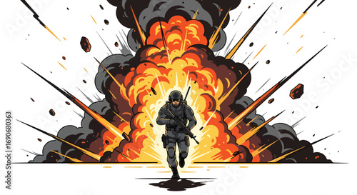 Vector art of a soldier running from a massive explosion in a destroyed city, symbolizing the chaos of war and carrying a strong stop war and peace awareness message