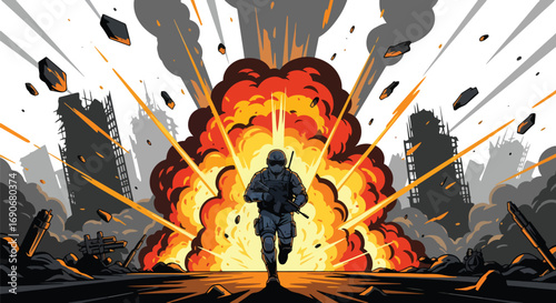 Vector art of a soldier running from a massive explosion in a destroyed city, symbolizing the chaos of war and carrying a strong stop war and peace awareness message