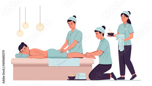 Serene spa experience with skilled therapists providing a relaxing massage treatment to a client on a massage table in a tranquil wellness center