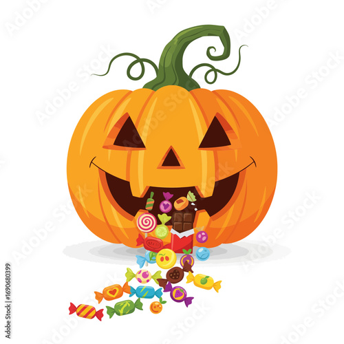 Cheerful cartoon Jack-o'-lantern spilling a generous bounty of trick-or-treat candy on a white background