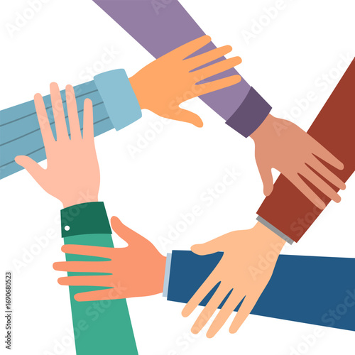 A flat vector illustration of a stack of hands of a multinational people making a gesture of unity, cohesion and support.
