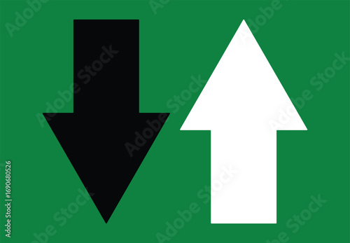 Black down arrow and white up arrow on green background represents directional movement vector