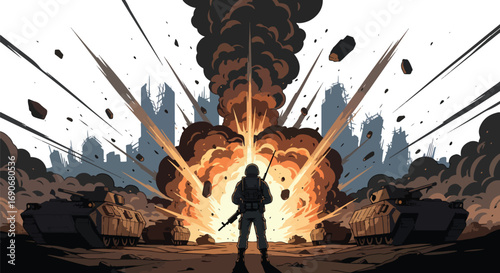Vector art of a soldier facing a massive explosion in a ruined city with tanks around, symbolizing destruction and carrying a strong stop war and anti-violence campaign message