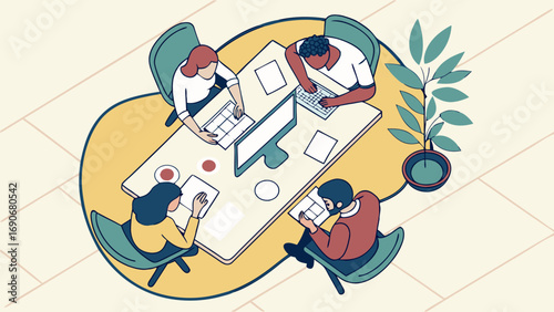 Teamwork Collaboration Office Meeting Coworkers Business People Desk Computers Top View Illustration Flat Design Modern Workplace Brainstorming Project Strategy Discussion Colleagues Creative Team Pr.