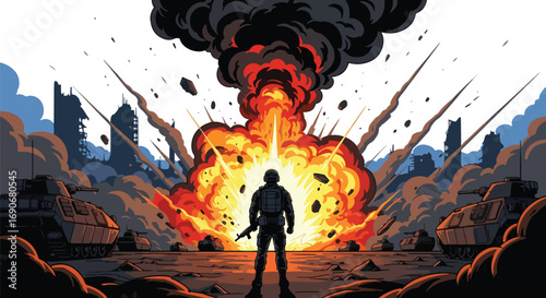 Vector art of a soldier facing a massive explosion in a ruined city with tanks around, symbolizing destruction and carrying a strong stop war and anti-violence campaign message