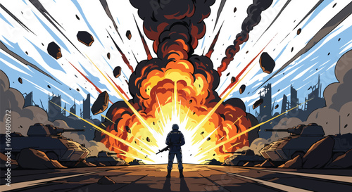 Vector art of a soldier facing a massive explosion in a ruined city with tanks around, symbolizing destruction and carrying a strong stop war and anti-violence campaign message