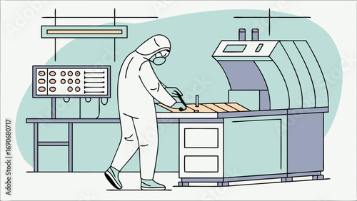 Technician in protective suit operating industrial machinery in a sterile environment.
