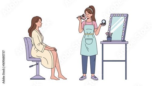 Professional makeup artist applying cosmetics to a seated client in a salon with a mirror and beauty products on a table
