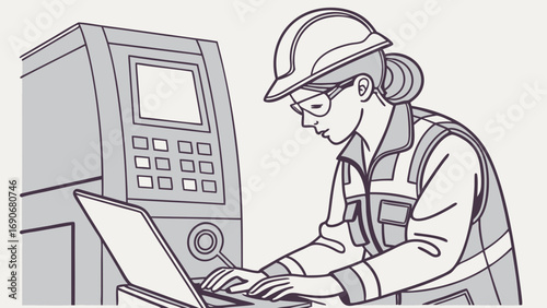 Technician using laptop at industrial machine safety gear line art illustration.