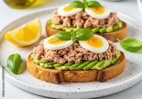 Avocado toast with tuna and boiled egg, garnished with basil