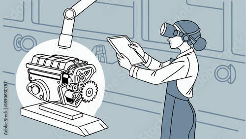 Technician using VR headset and tablet to inspect an engine augmented reality industrial technology futuristic maintenance.