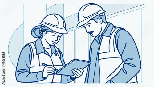 Two construction workers reviewing a tablet together blueprint background.