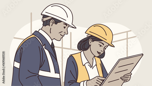 Two Construction Workers Reviewing Documents Together.